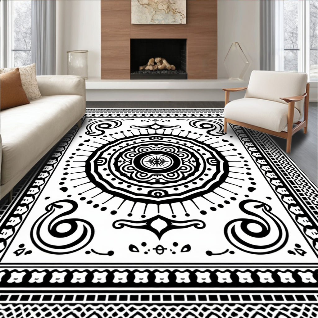 Black White Mandala Medallion Border Rug