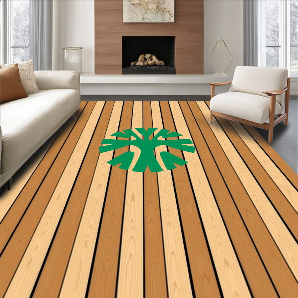 Green Tree On Wood Plank Background Rug