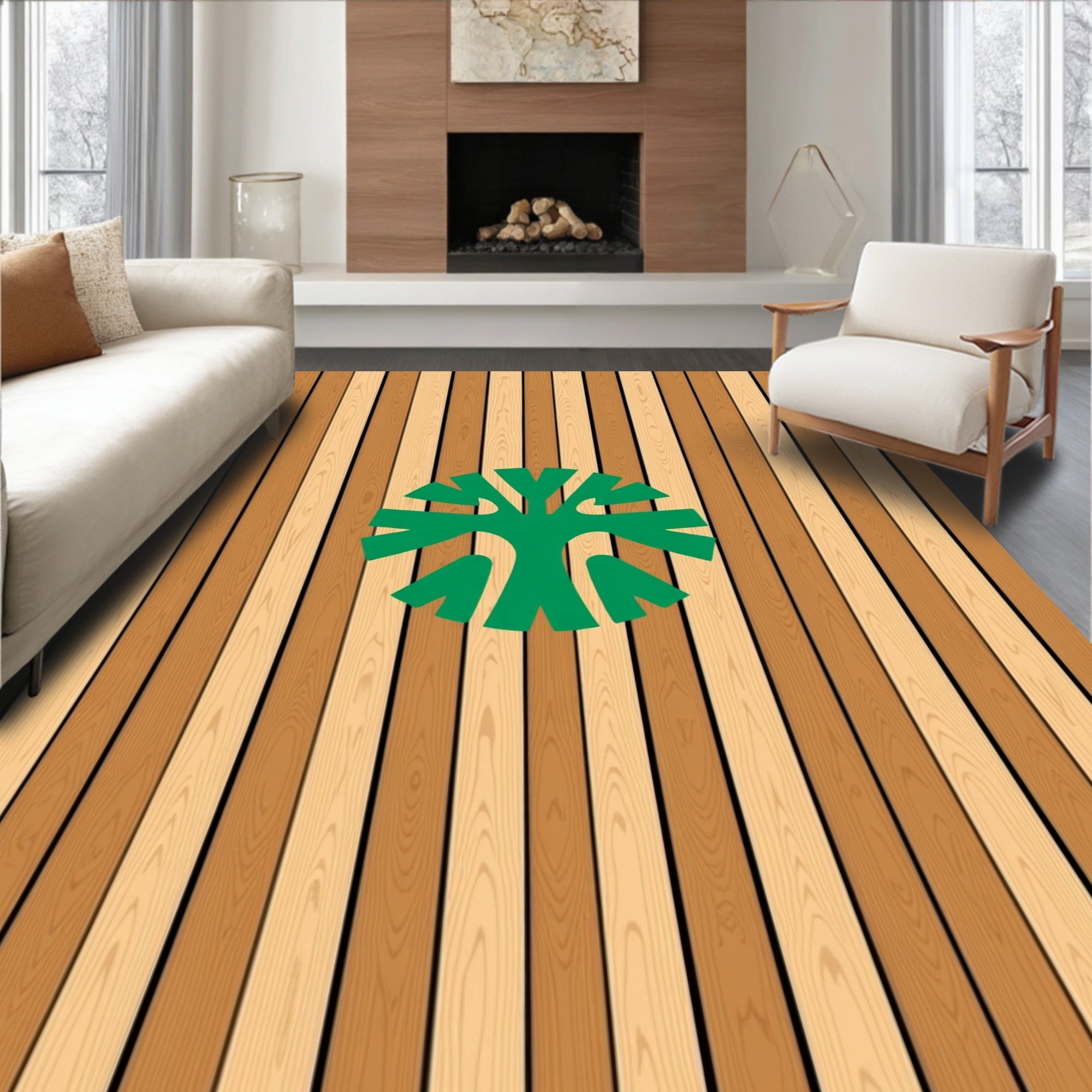 Green Tree On Wood Plank Background Rug