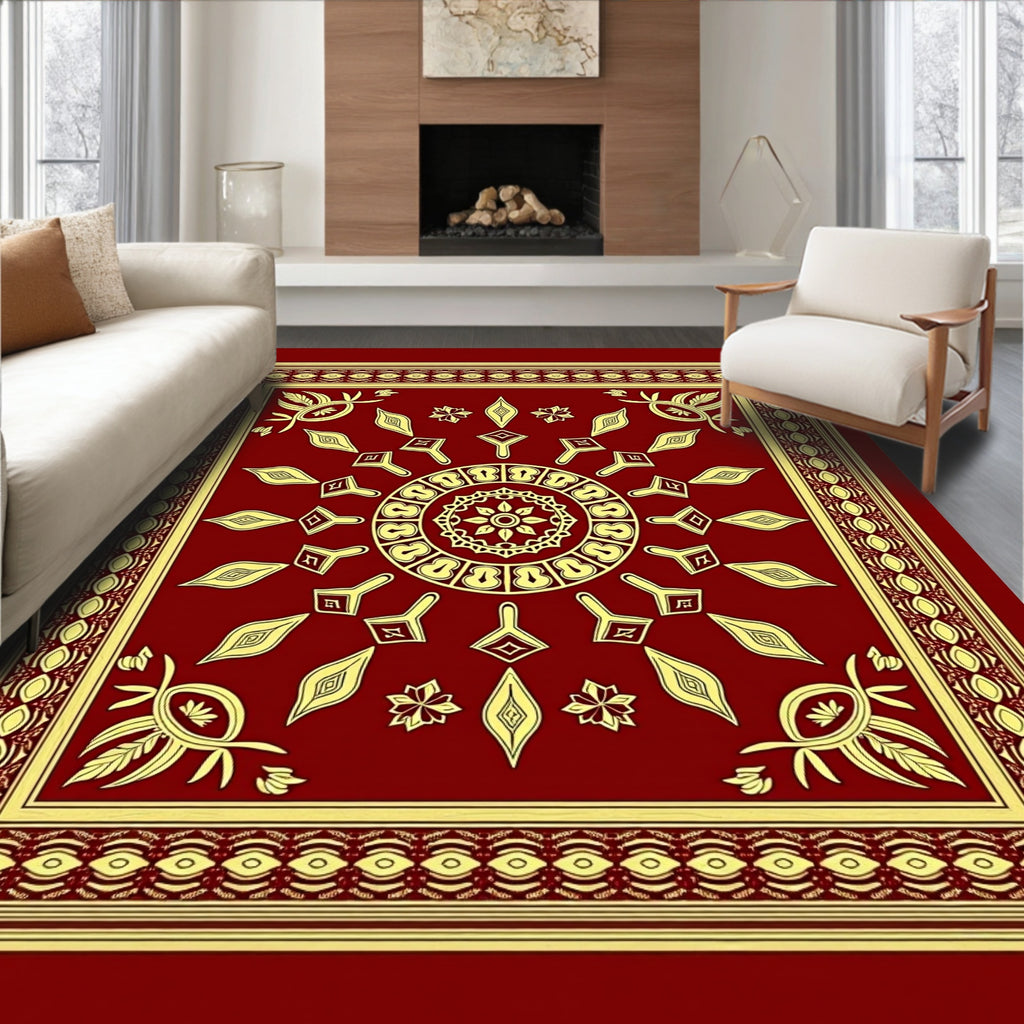 Deep Red Geometric Medallion Border Rug