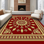 Deep Red Geometric Medallion Border Rug