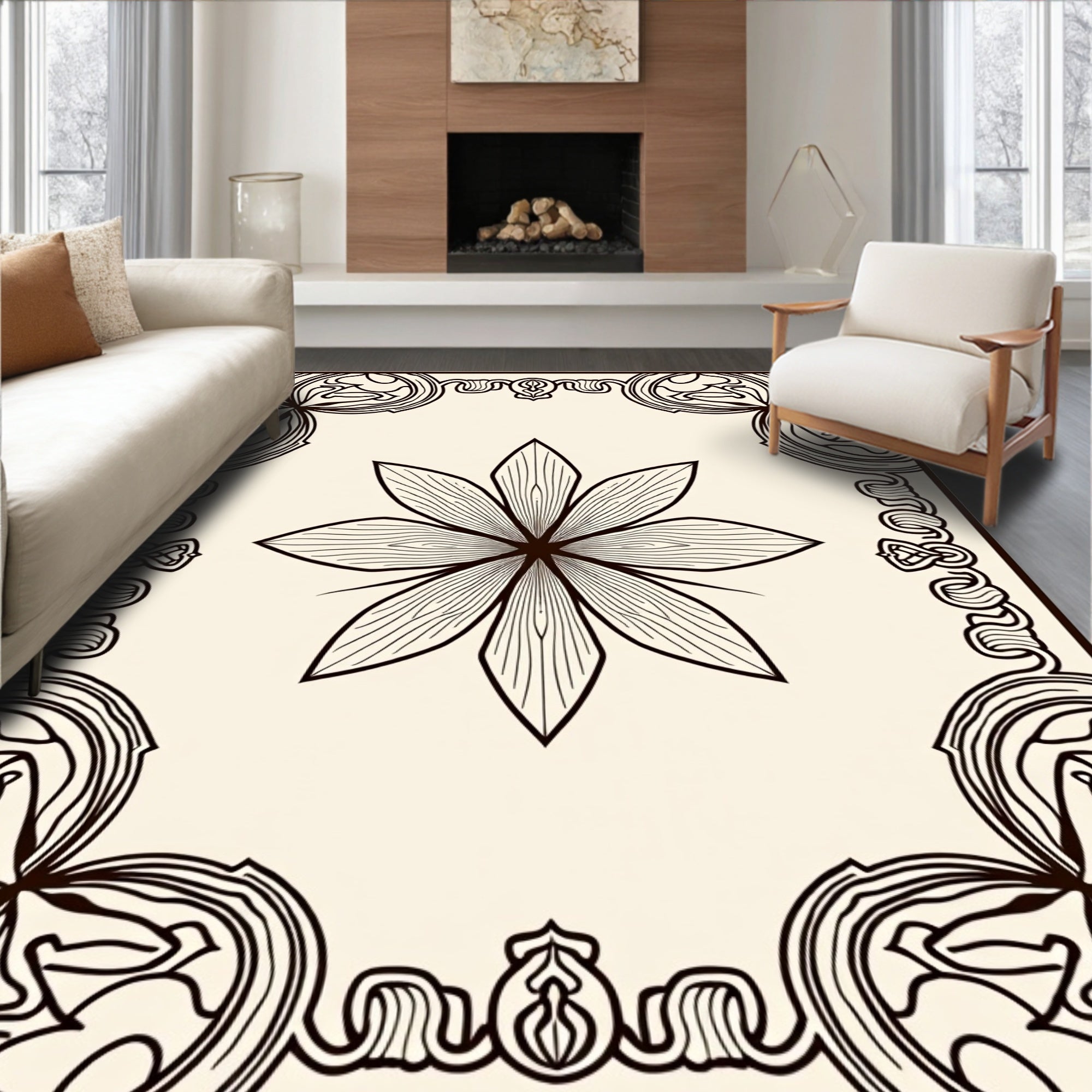 Cream and Black Floral Medallion Border Rug