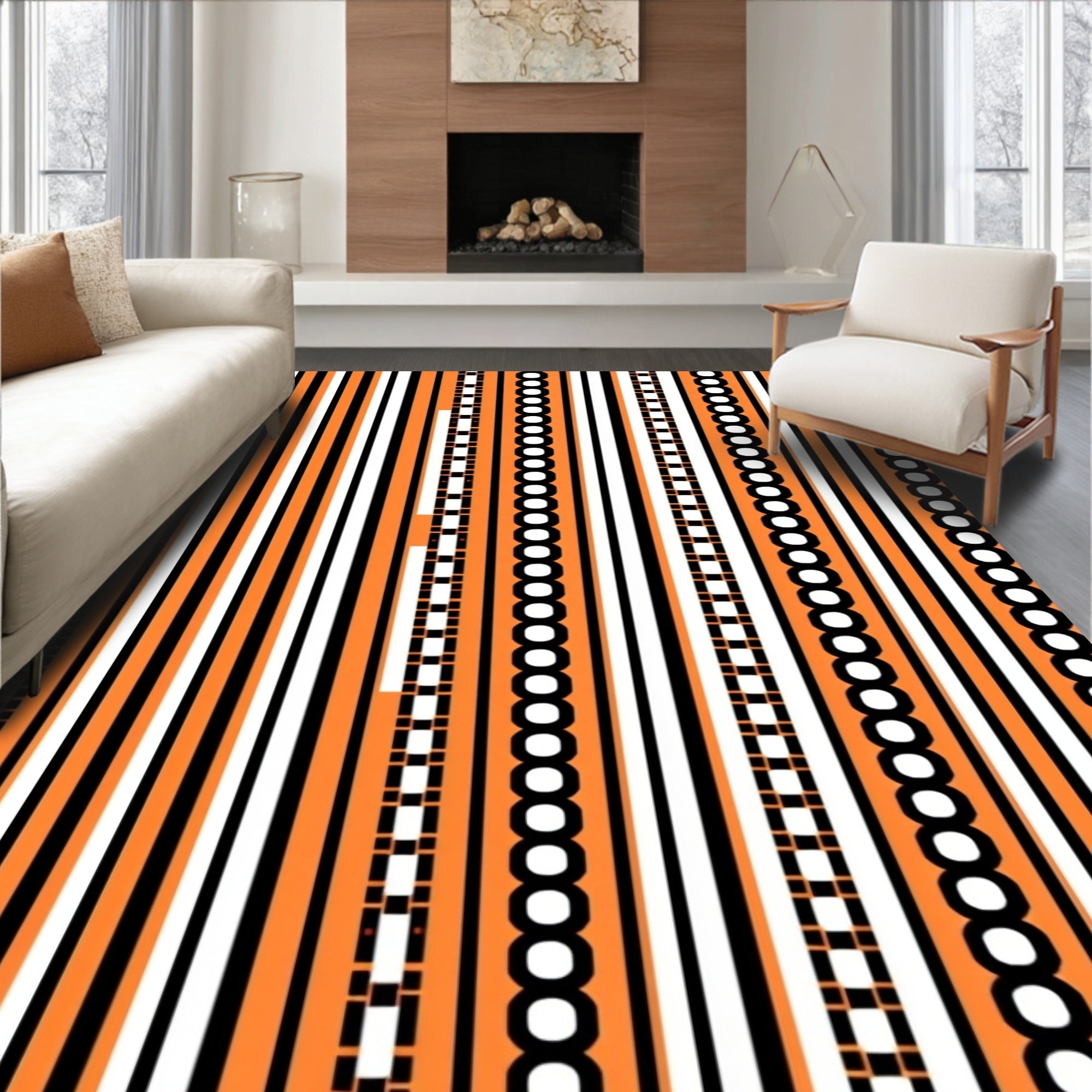 Bold Orange Black White Striped Chain Rug