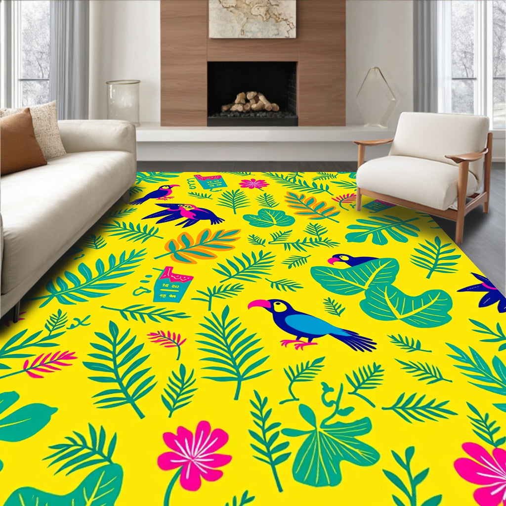 Bright Yellow Tropical Birds Flowers Rug