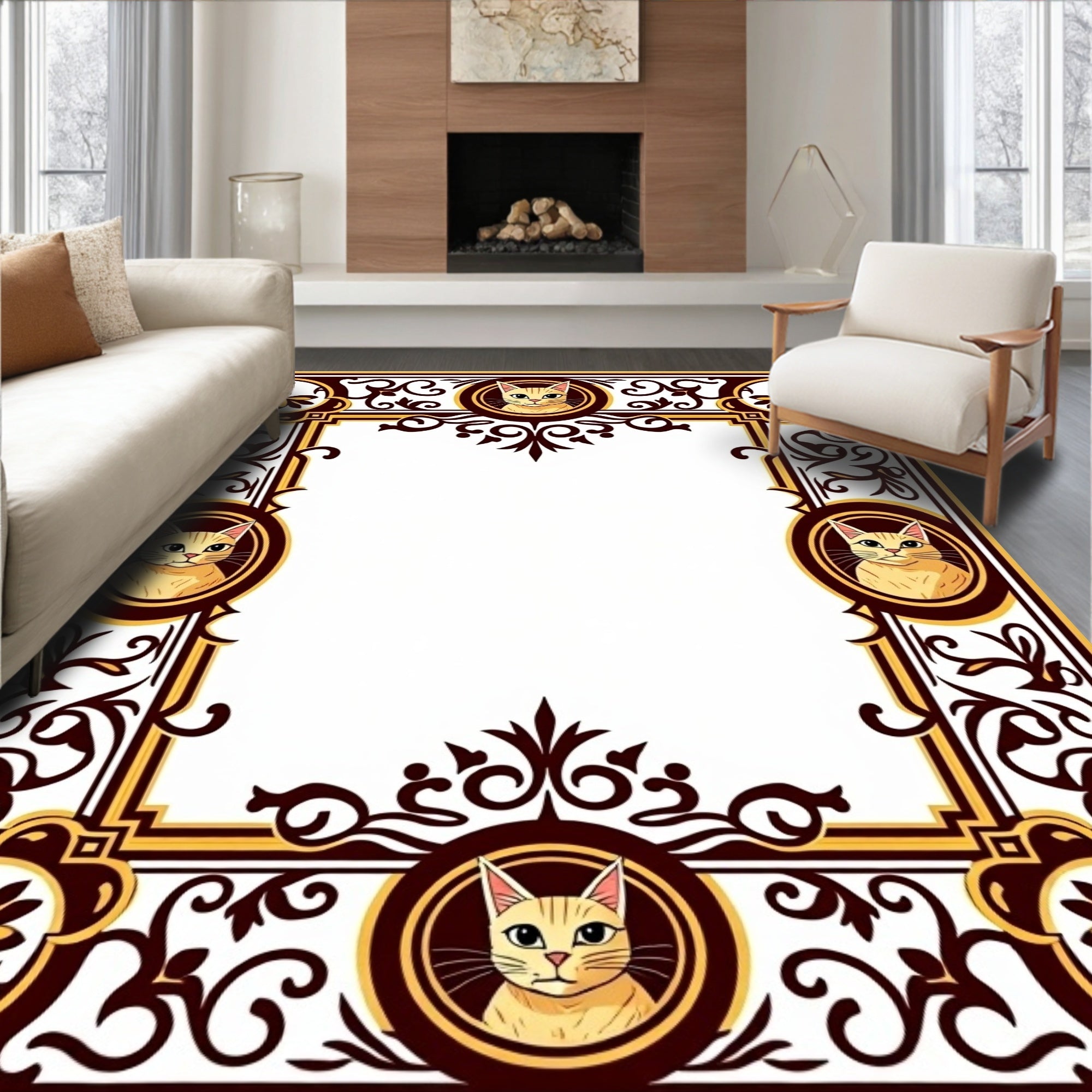 Golden Feline Portrait Scrollwork Border Rug