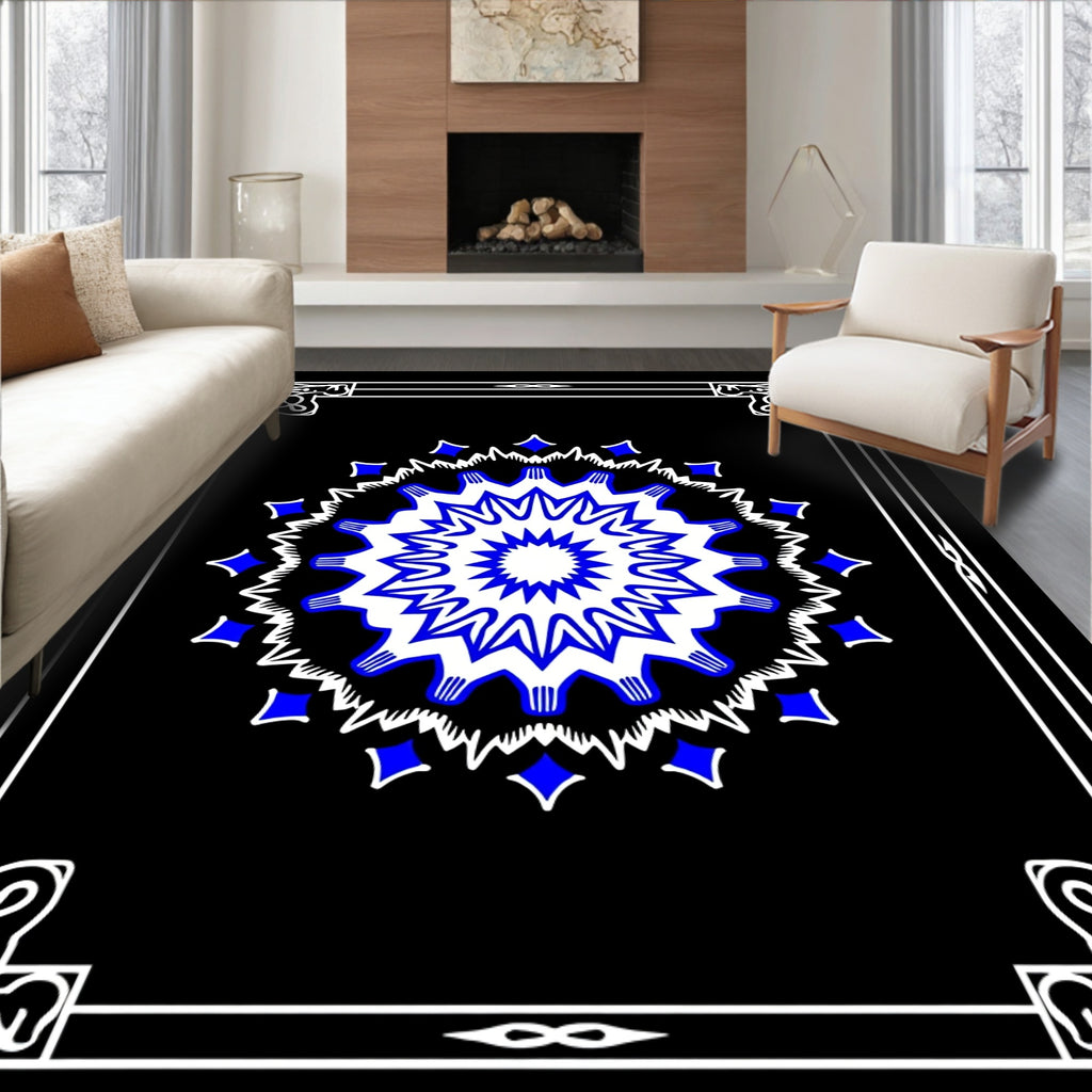 Electric Blue Starburst Mandala Frame Rug