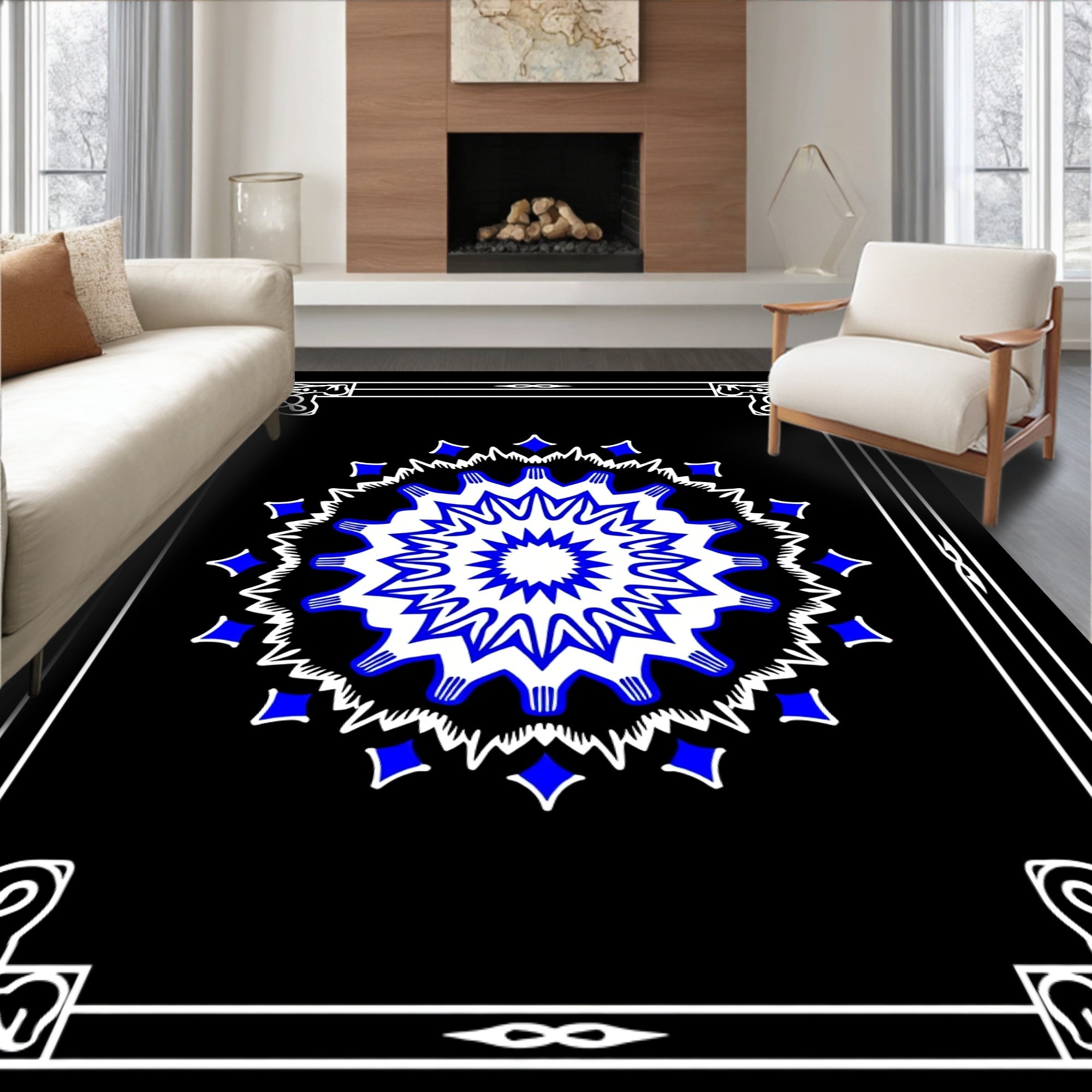 Electric Blue Starburst Mandala Frame Rug