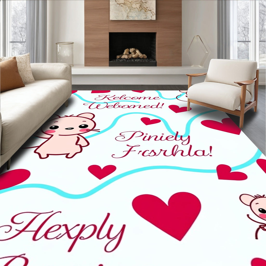 Cute Mice Hearts Aqua Swirls Rug