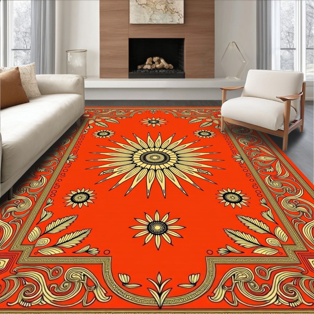 Golden Sunburst Floral Border Rug