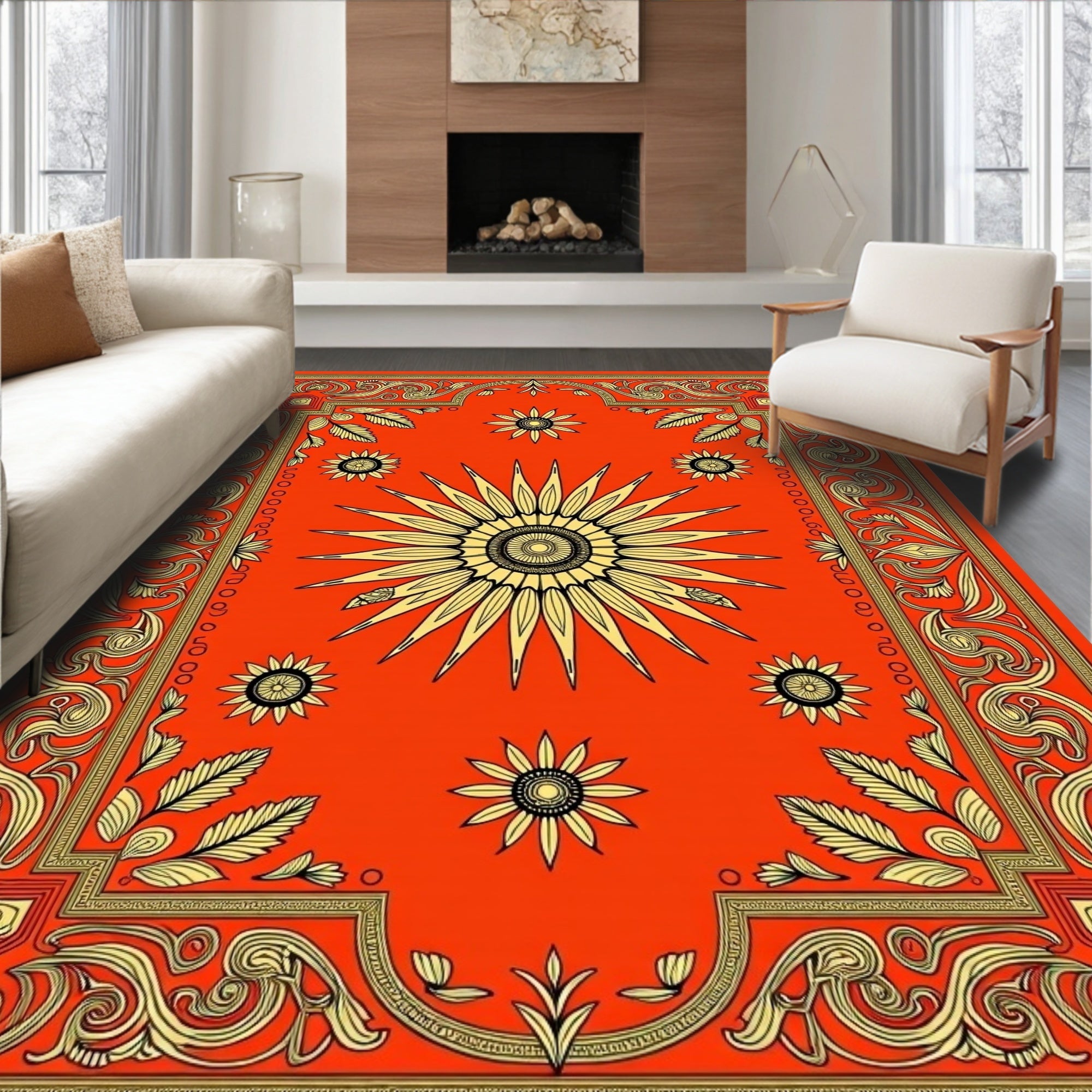 Golden Sunburst Floral Border Rug