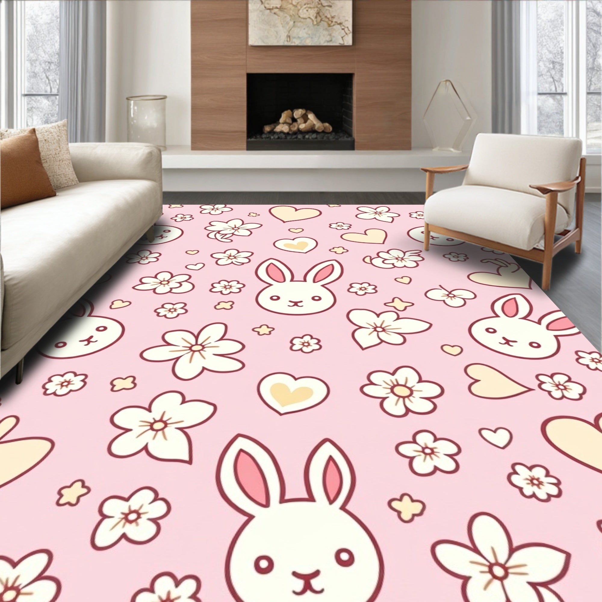 Pink Bunny Hearts Floral Scatter Rug
