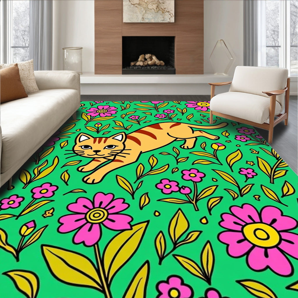Whimsical Orange Cat Floral Meadow Rug