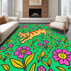 Whimsical Orange Cat Floral Meadow Rug