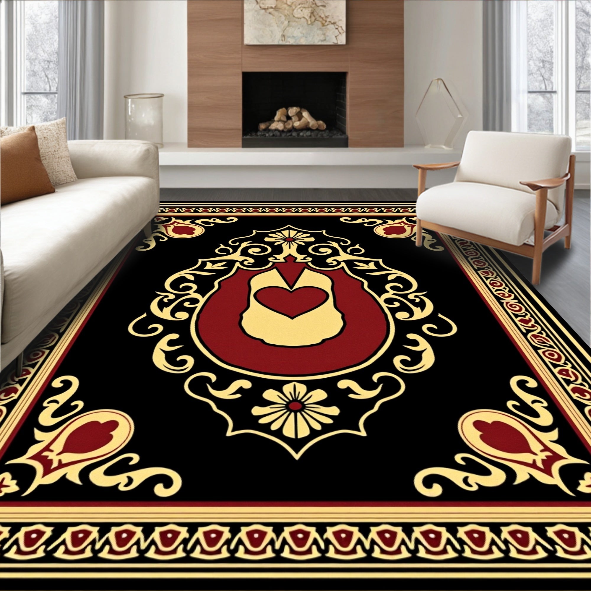 Scarlet Gold Heart Medallion Black Rug