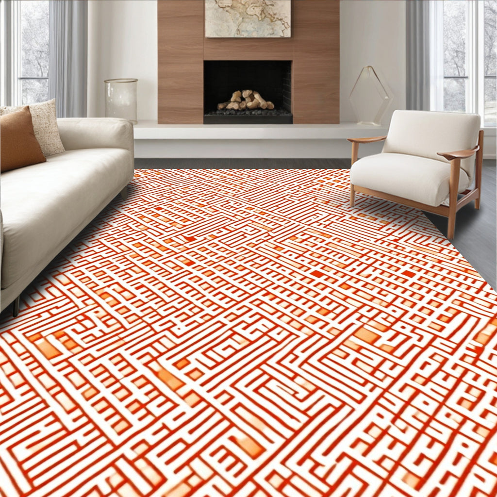 Red White Abstract Labyrinth Rug