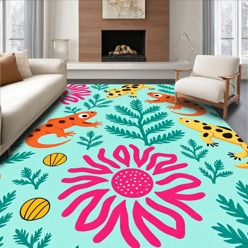 Aqua Yellow Orange Salamander Floral Rug
