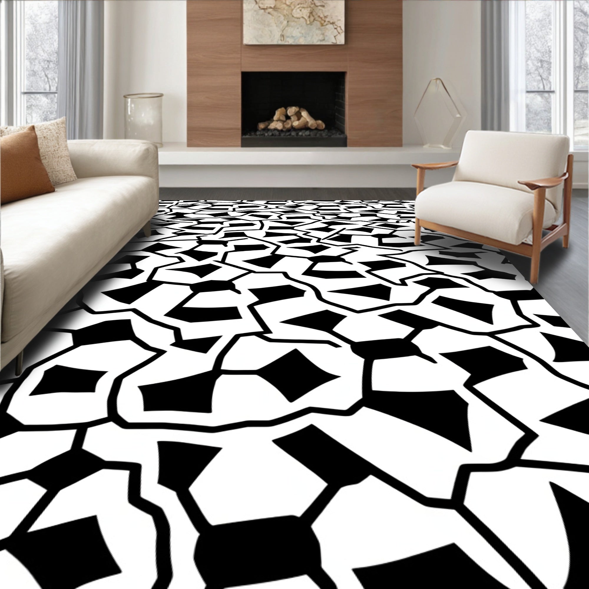 Black White Geometric Tessellation Rug