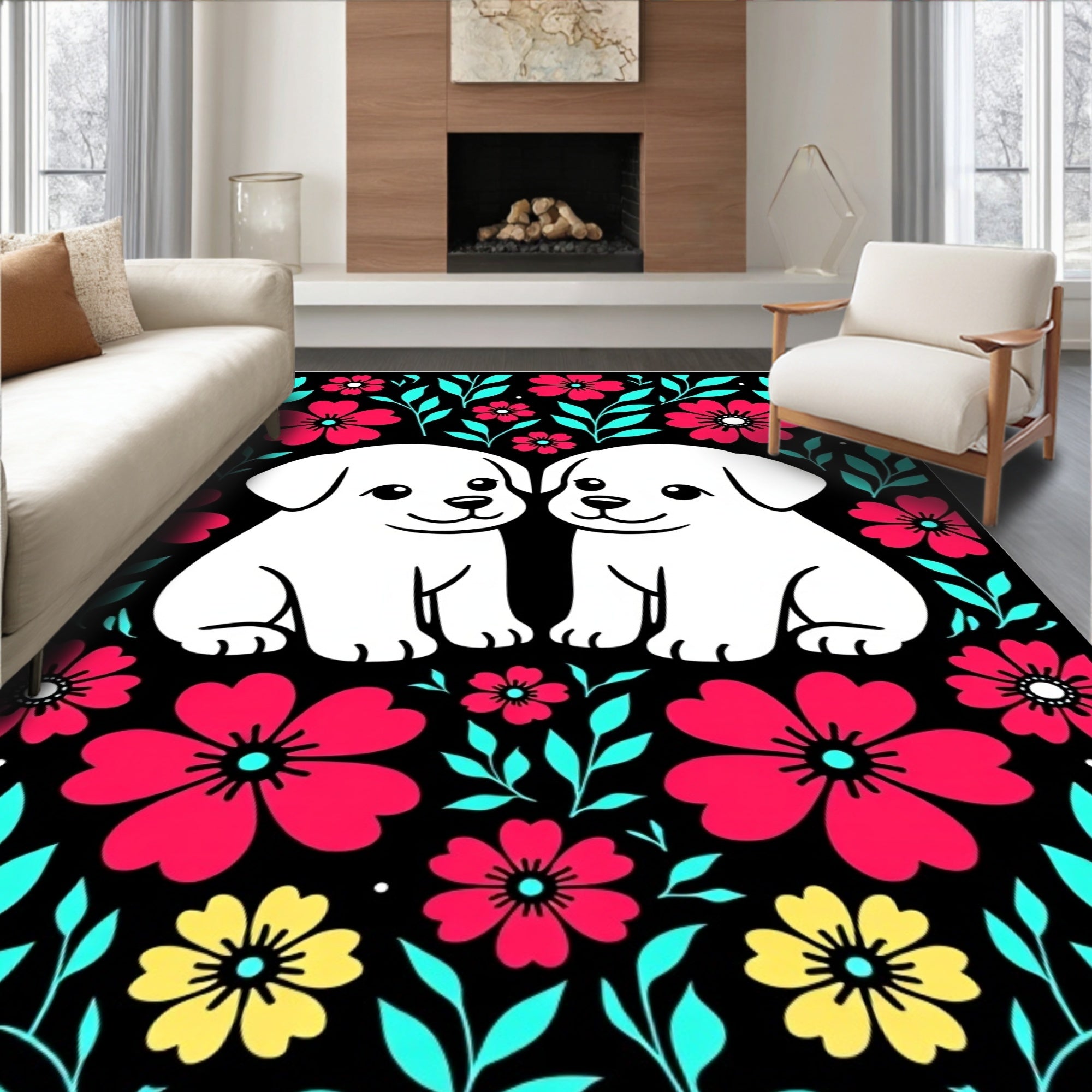 Cute Puppies Floral Garden Rug
