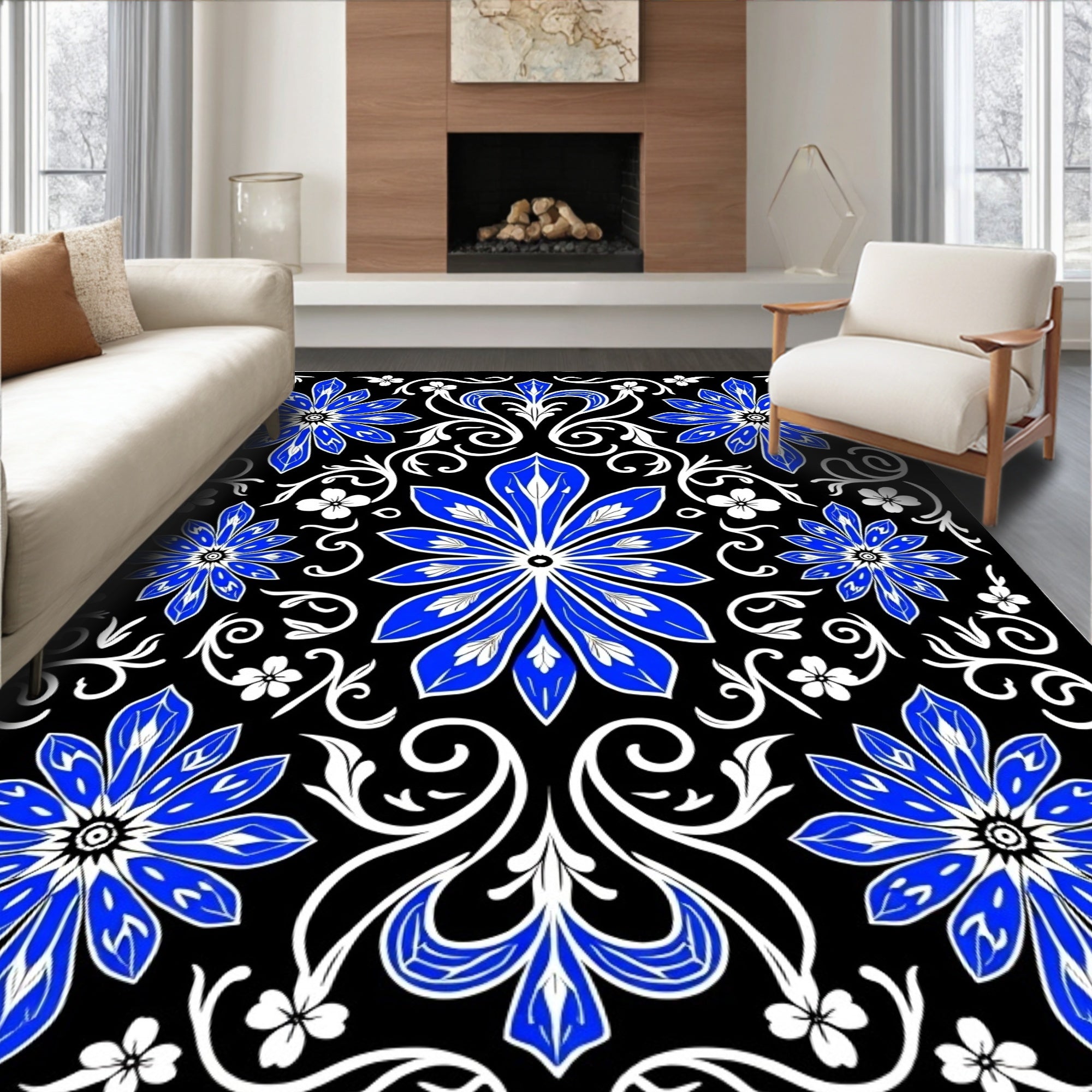 Bold Blue White Floral Mandala Rug