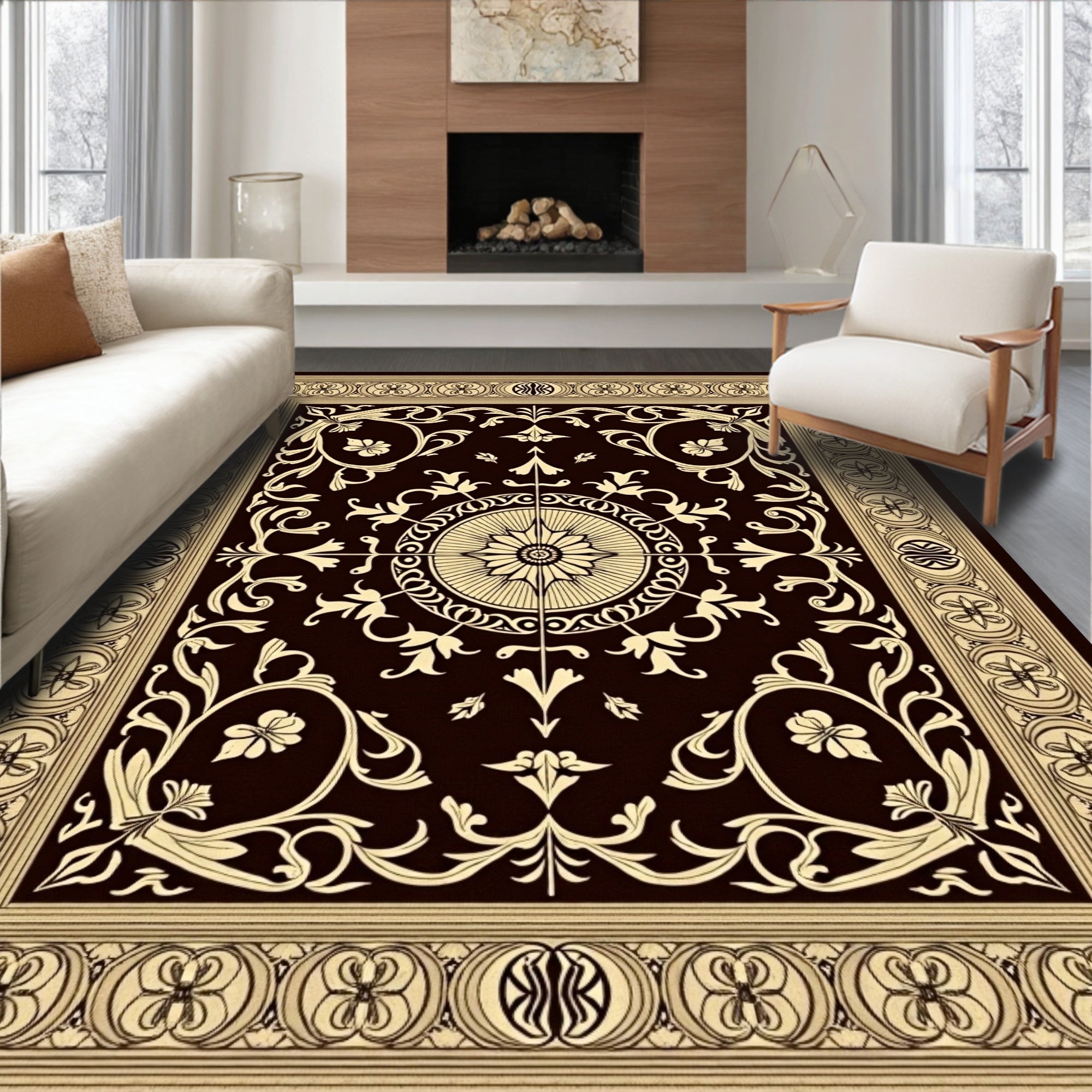 Rich Brown Cream Floral Medallion Border Rug