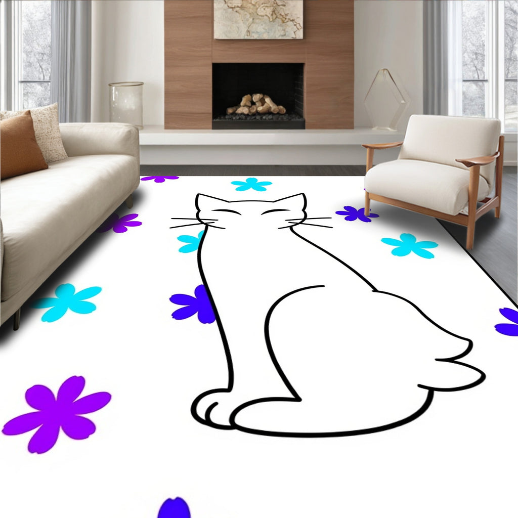 Whimsical White Cat Purple Blue Flowers Rug