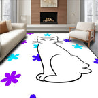 Whimsical White Cat Purple Blue Flowers Rug