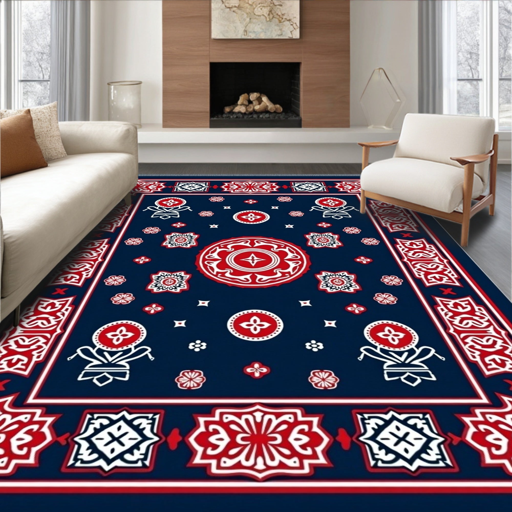 Rich Navy Red Medallion Geometric Rug