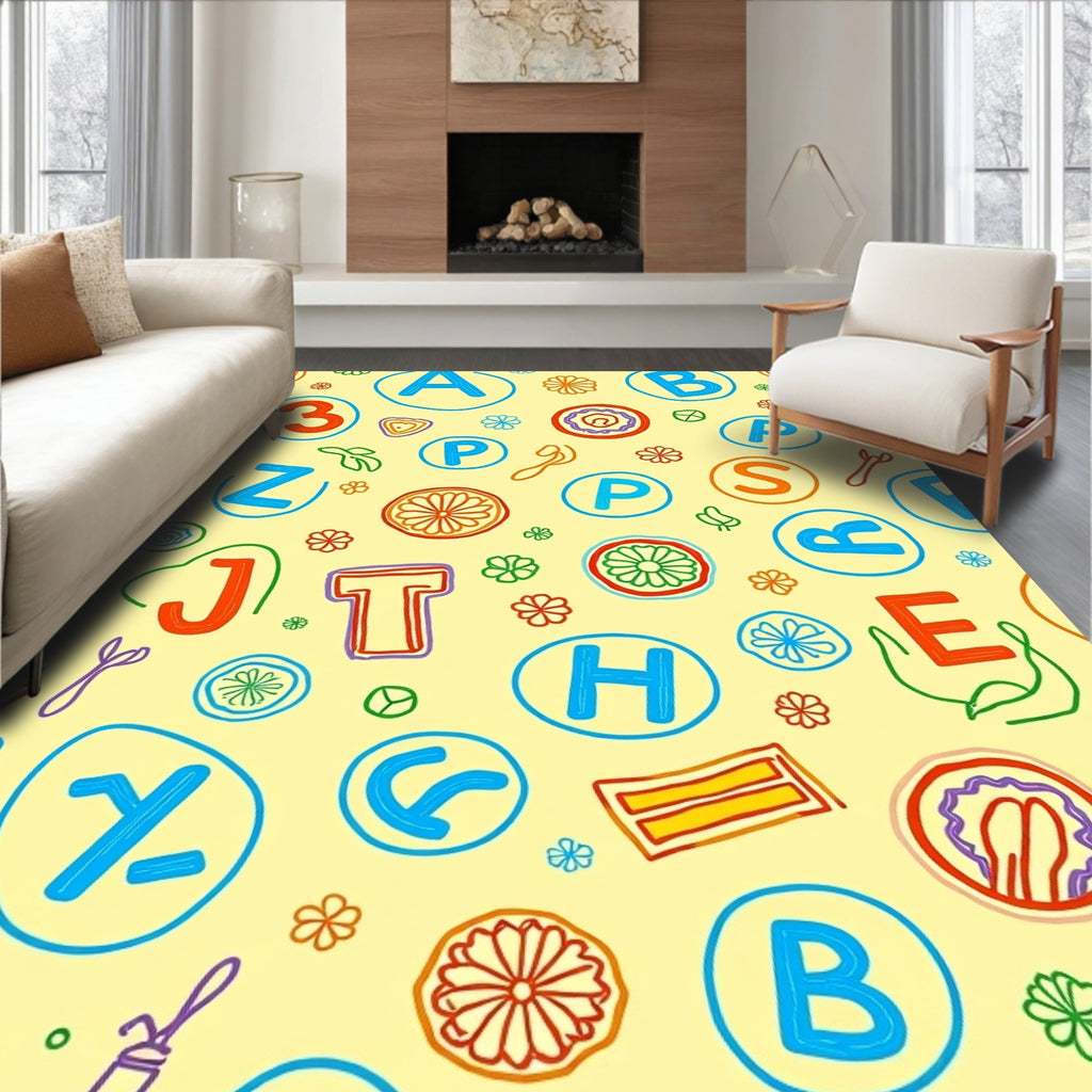 Whimsical Alphabet Numbers Flowers Pattern Rug