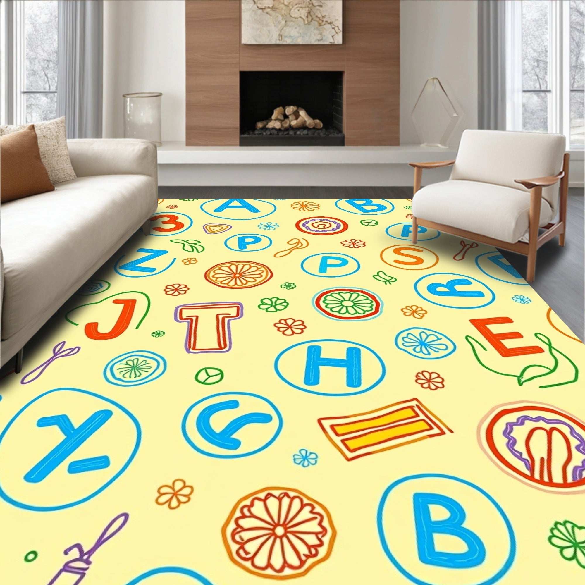 Whimsical Alphabet Numbers Flowers Pattern Rug