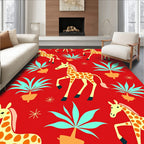 Red Giraffe Jungle Foliage Scene Rug