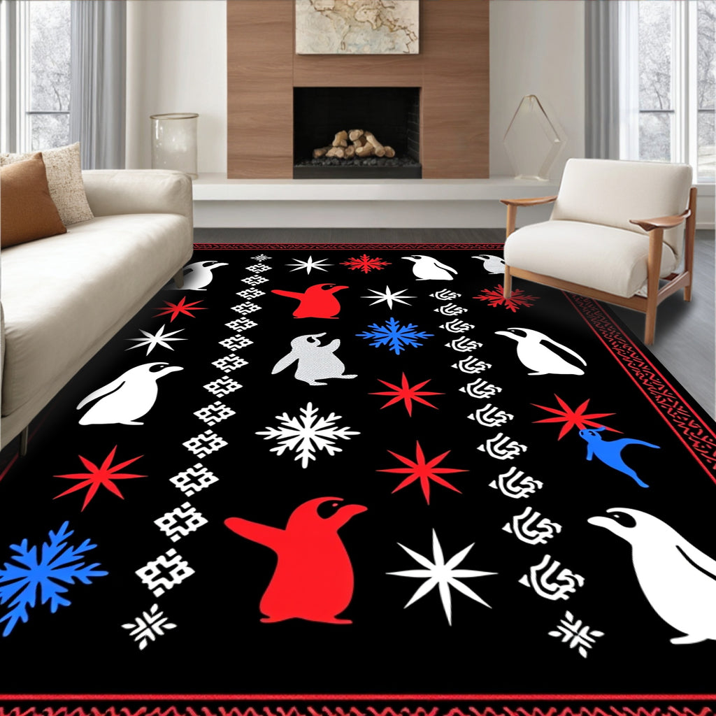 Winter Penguin Snowflake Red Blue Rug