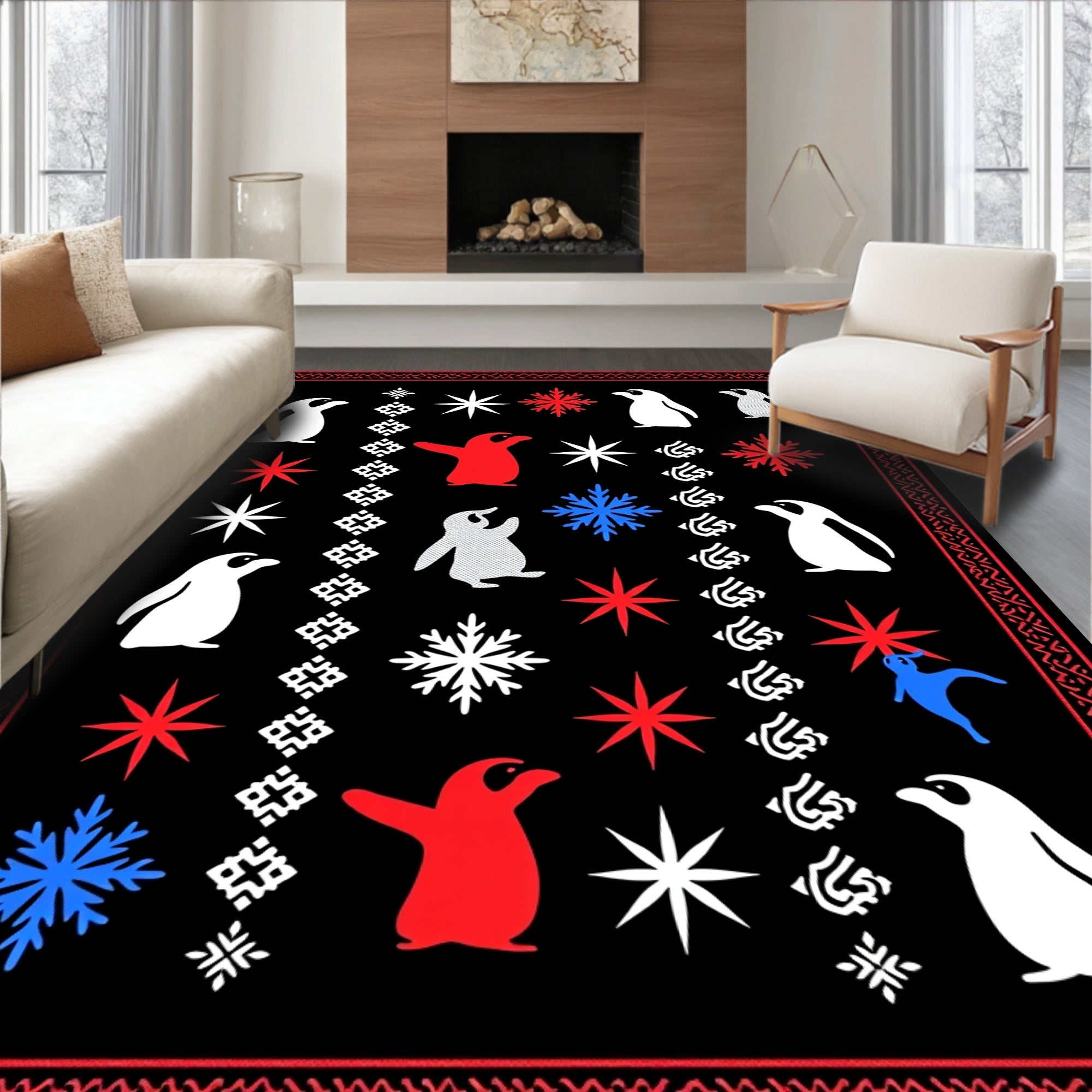 Winter Penguin Snowflake Red Blue Rug