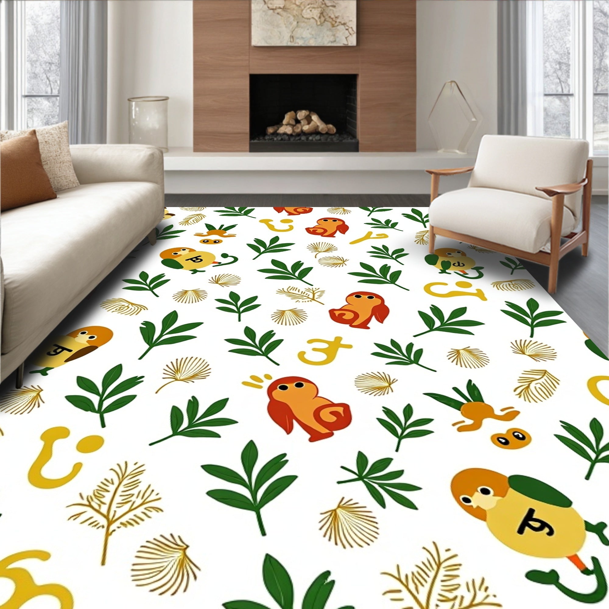 Whimsical Bird Garden Green Foliage Confetti Rug