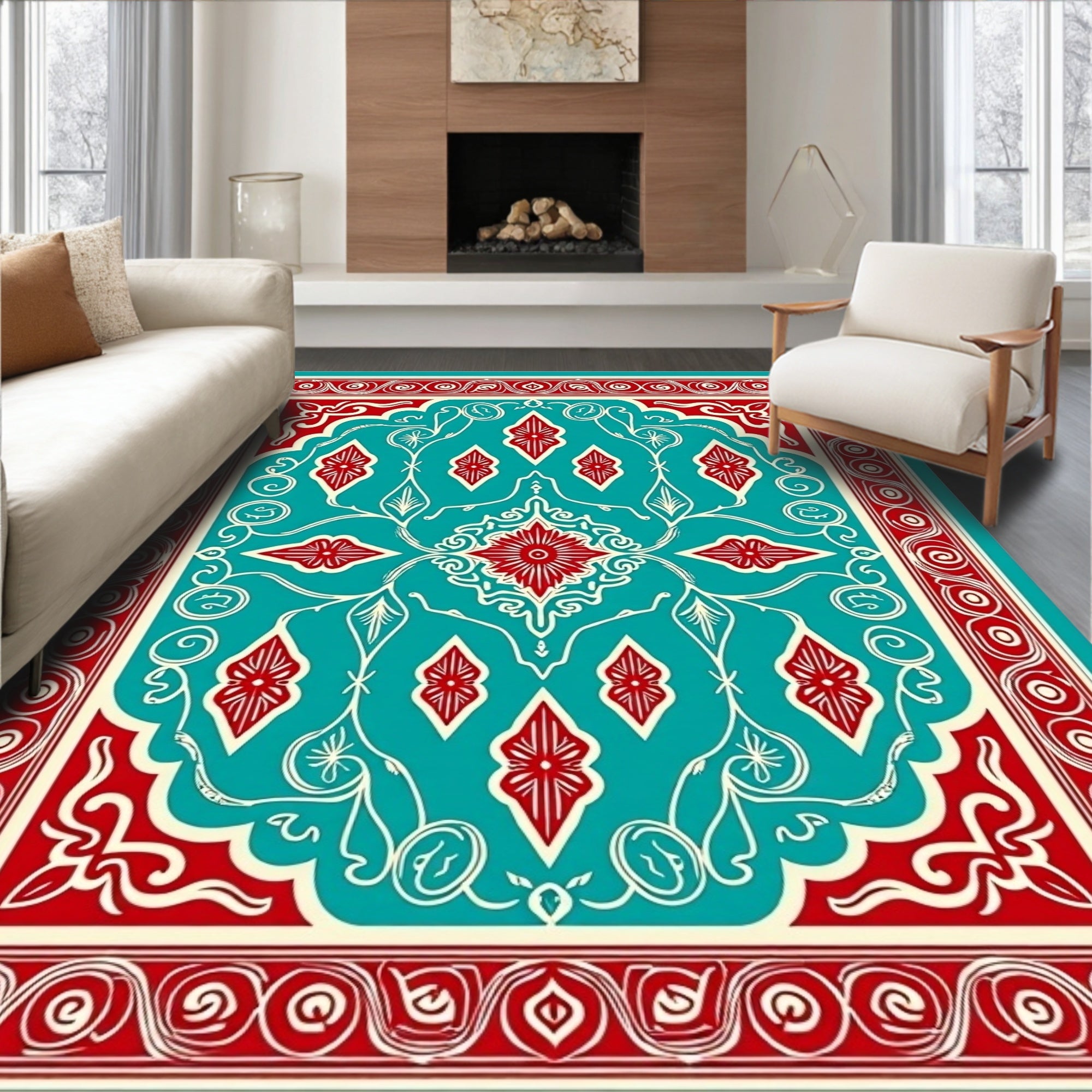 Turquoise Red Filigree Ornamental Rug