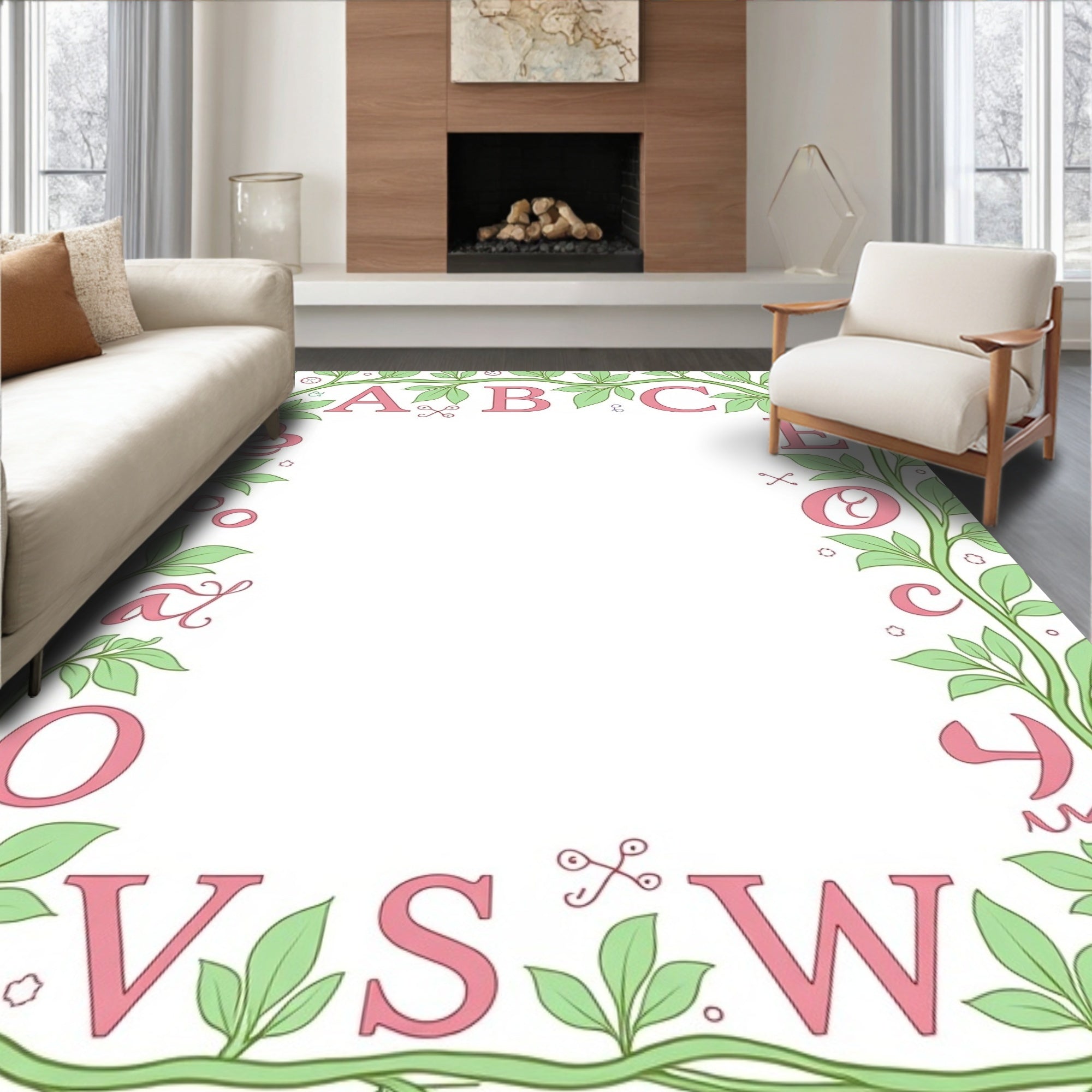 Pink Letters Green Vine Border Rug
