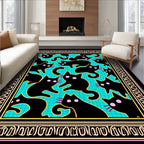 Black Cat Turquoise Grid Whimsical Border Rug