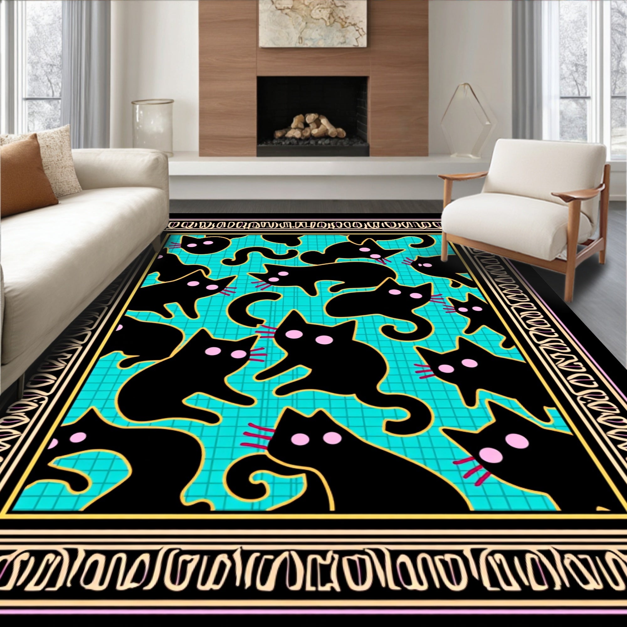 Black Cat Turquoise Grid Whimsical Border Rug