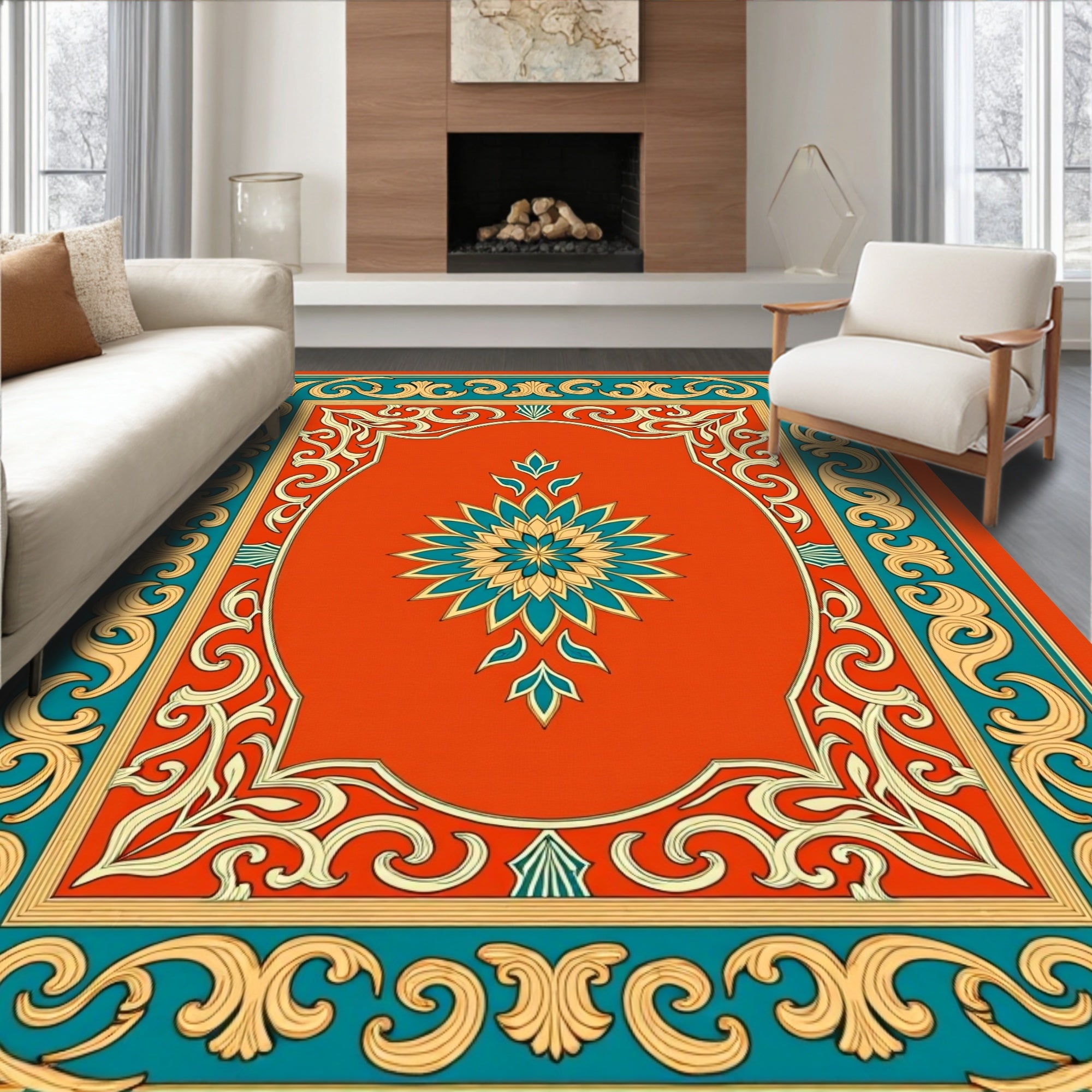 Ornate Floral Medallion Teal Golden Rug