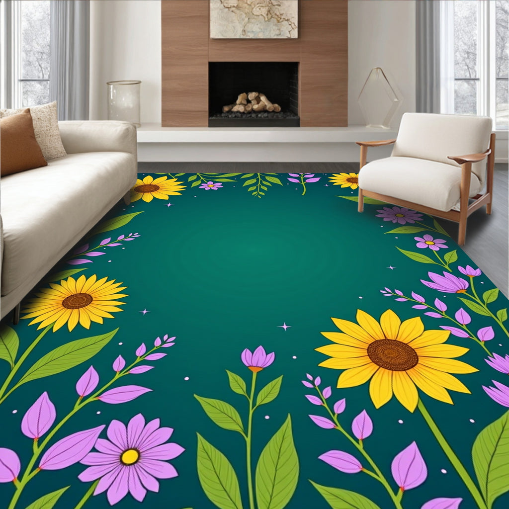 Golden Sunflowers and Purple Flowers Border Rug