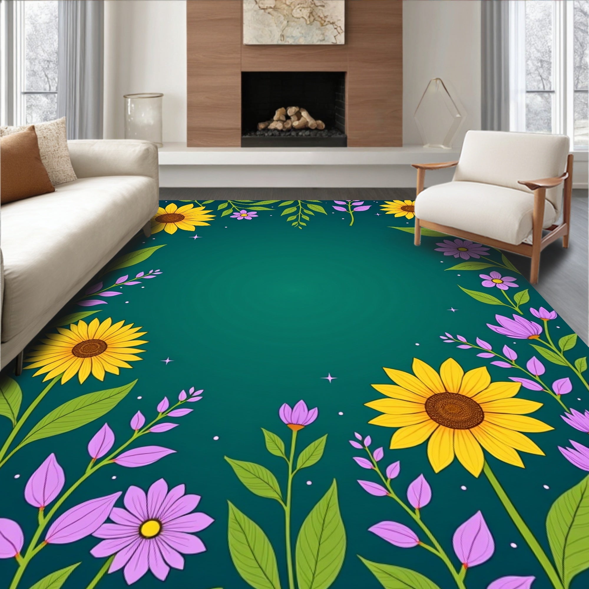 Golden Sunflowers and Purple Flowers Border Rug