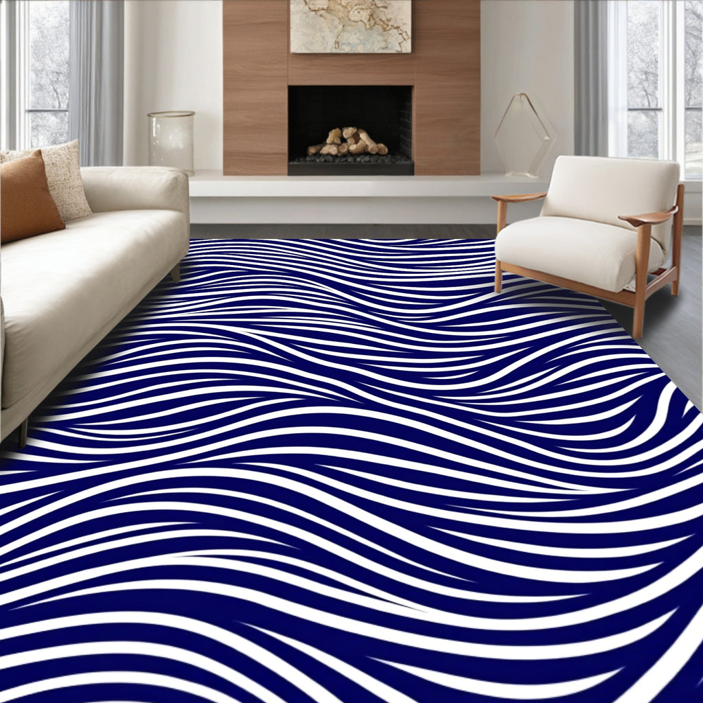 Deep Blue Abstract Wave Lines Rug
