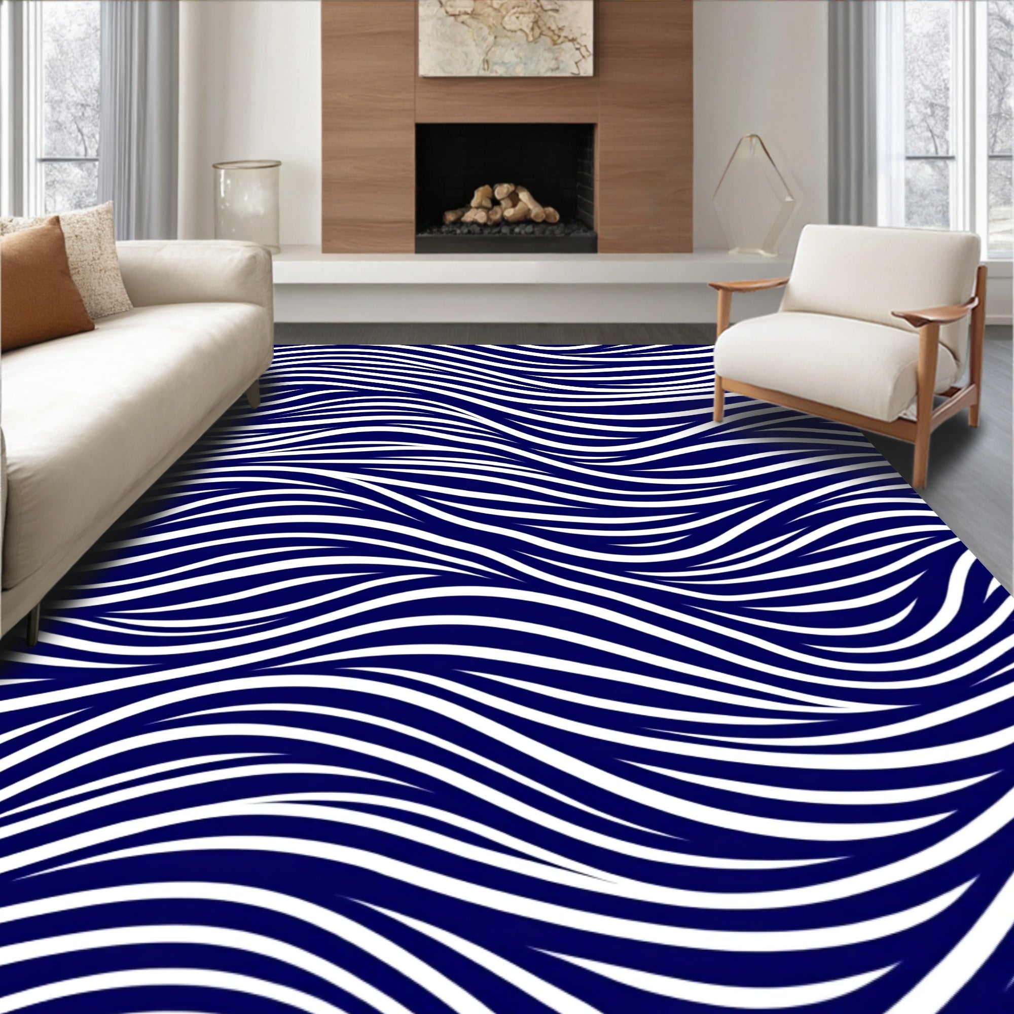 Deep Blue Abstract Wave Lines Rug
