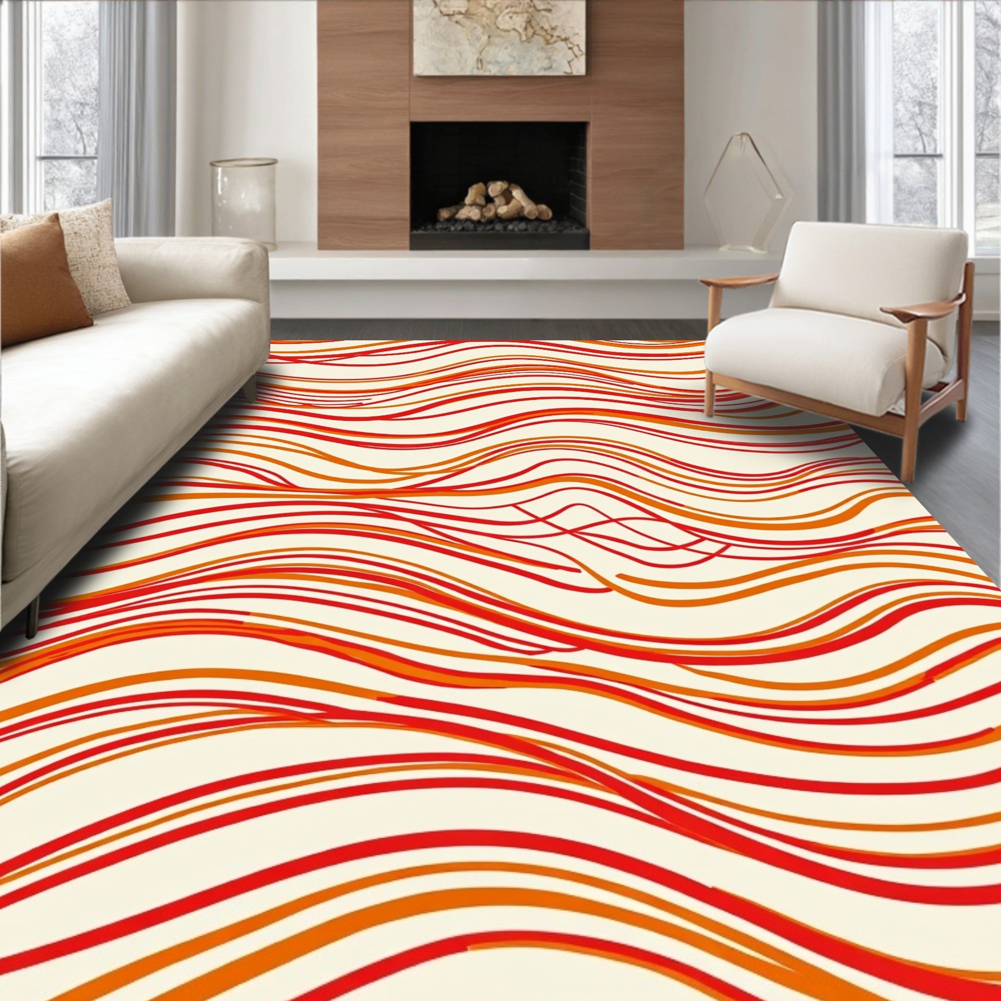 Crimson Orange Swirl Waves Rug
