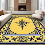 Golden Navy Floral Scroll Medallion Rug