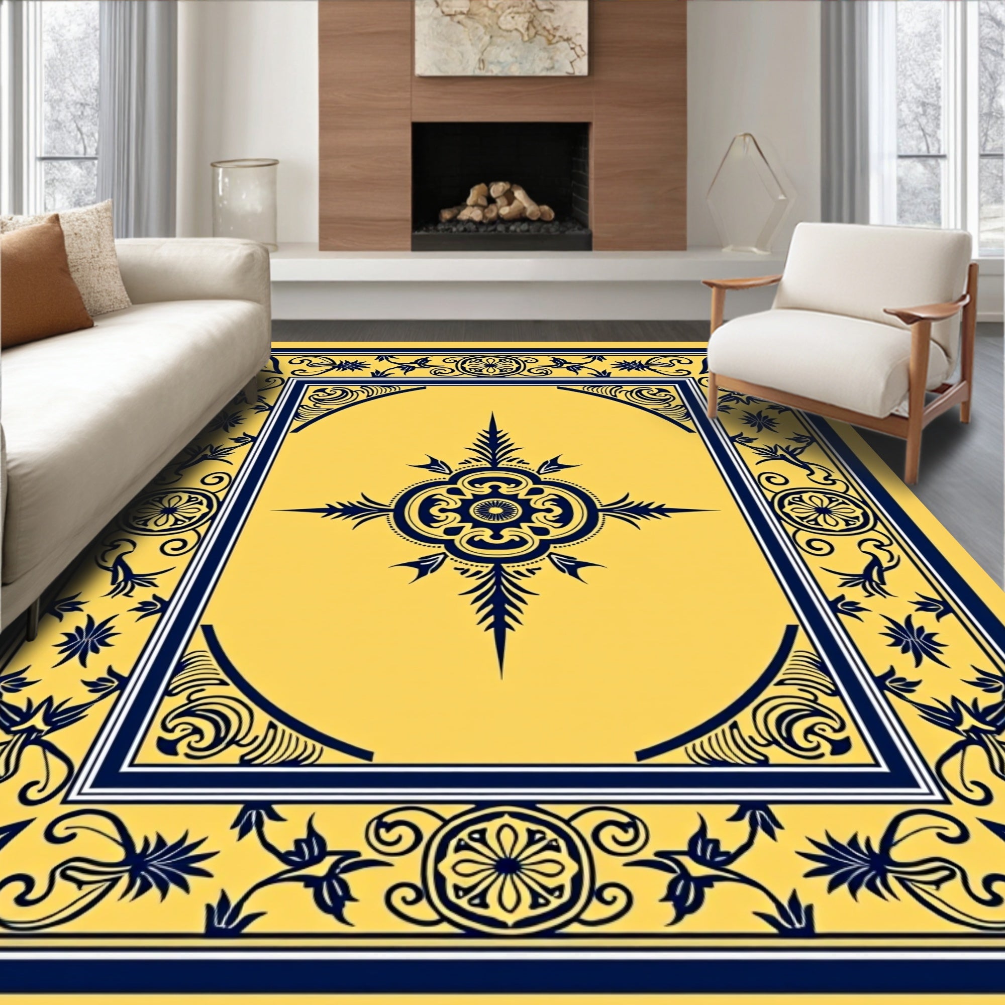 Golden Navy Floral Scroll Medallion Rug