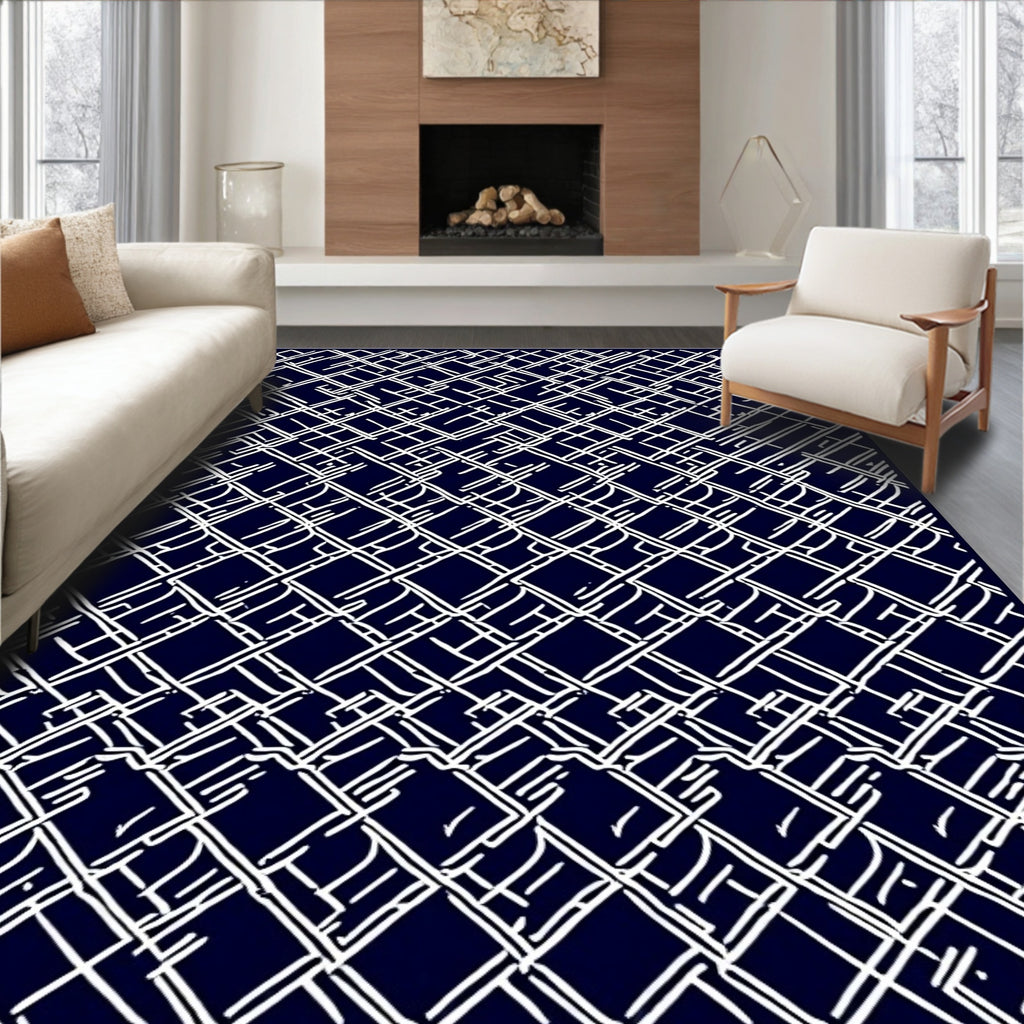 Dark Navy White Interlocking Lines Rug