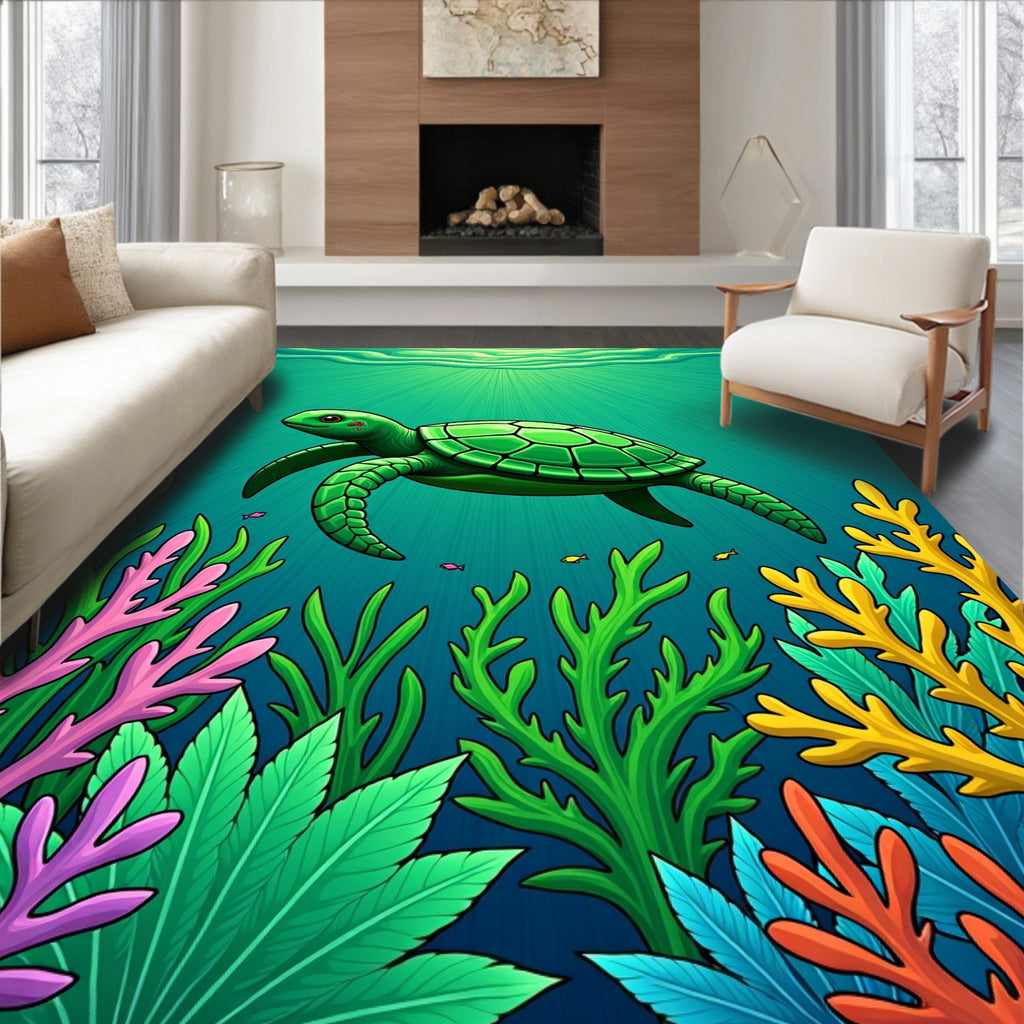 Vibrant Green Sea Turtle Coral Scene Rug