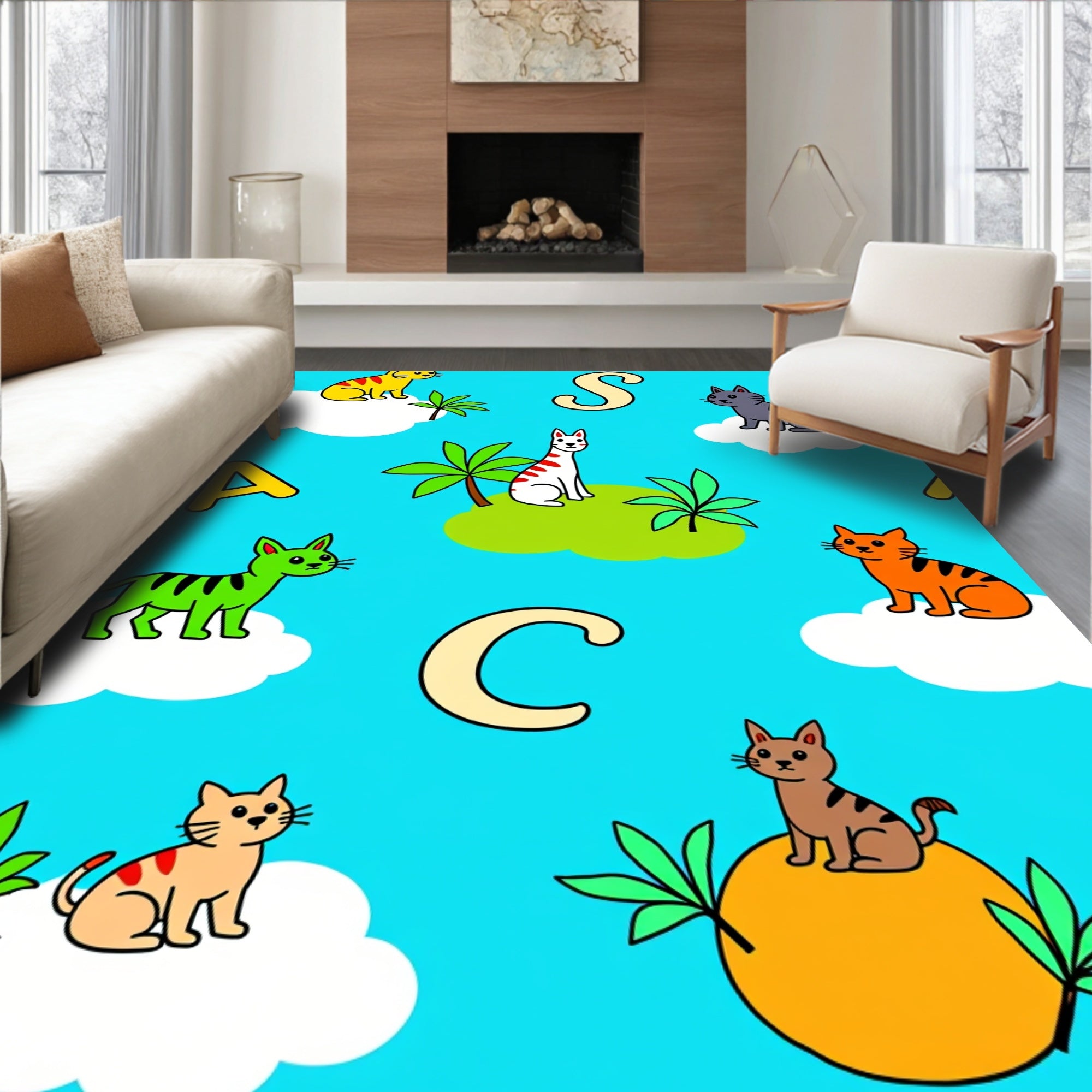 Whimsical Cats Alphabet Sky Blue Rug