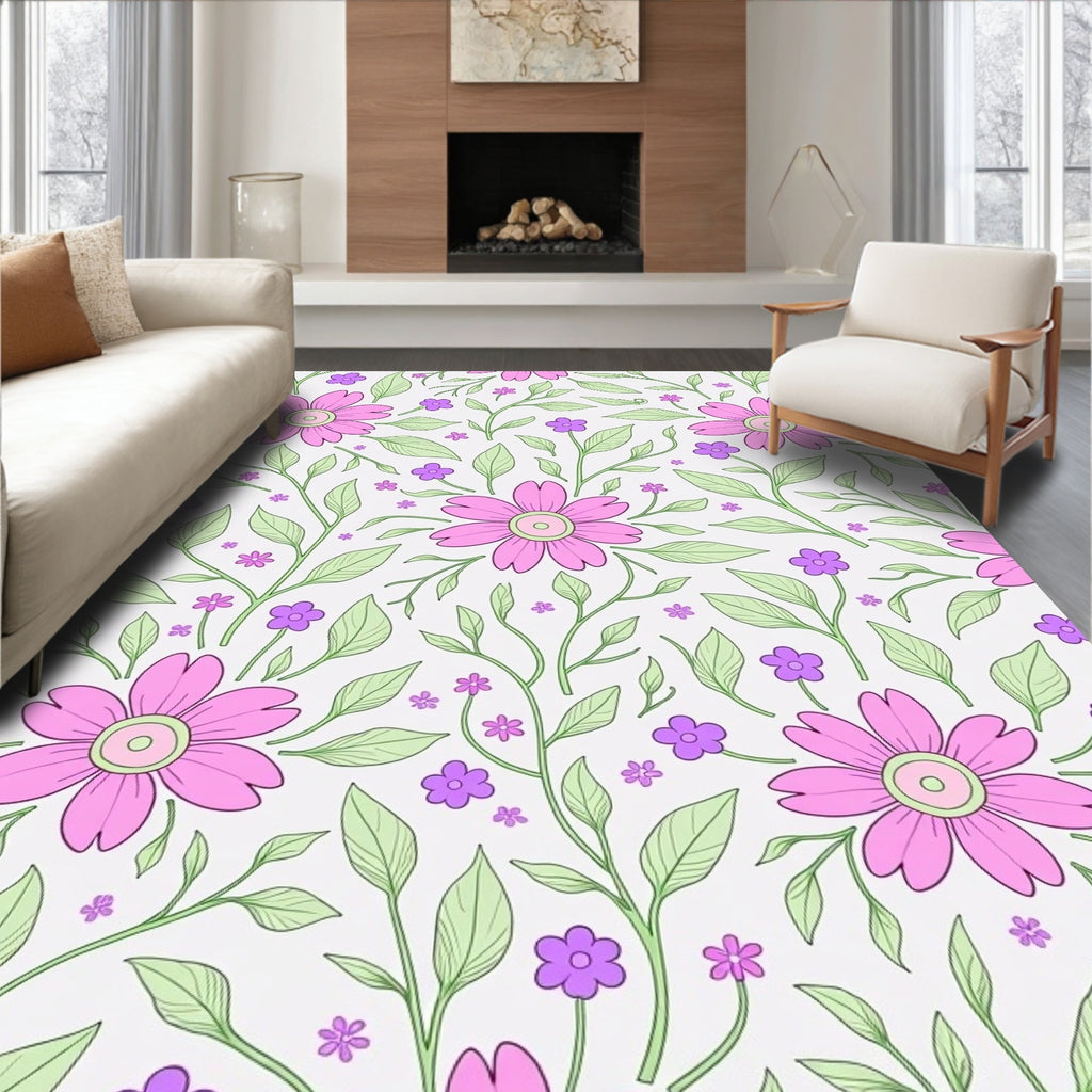 Pink Daisy Floral Garden Illustration Rug