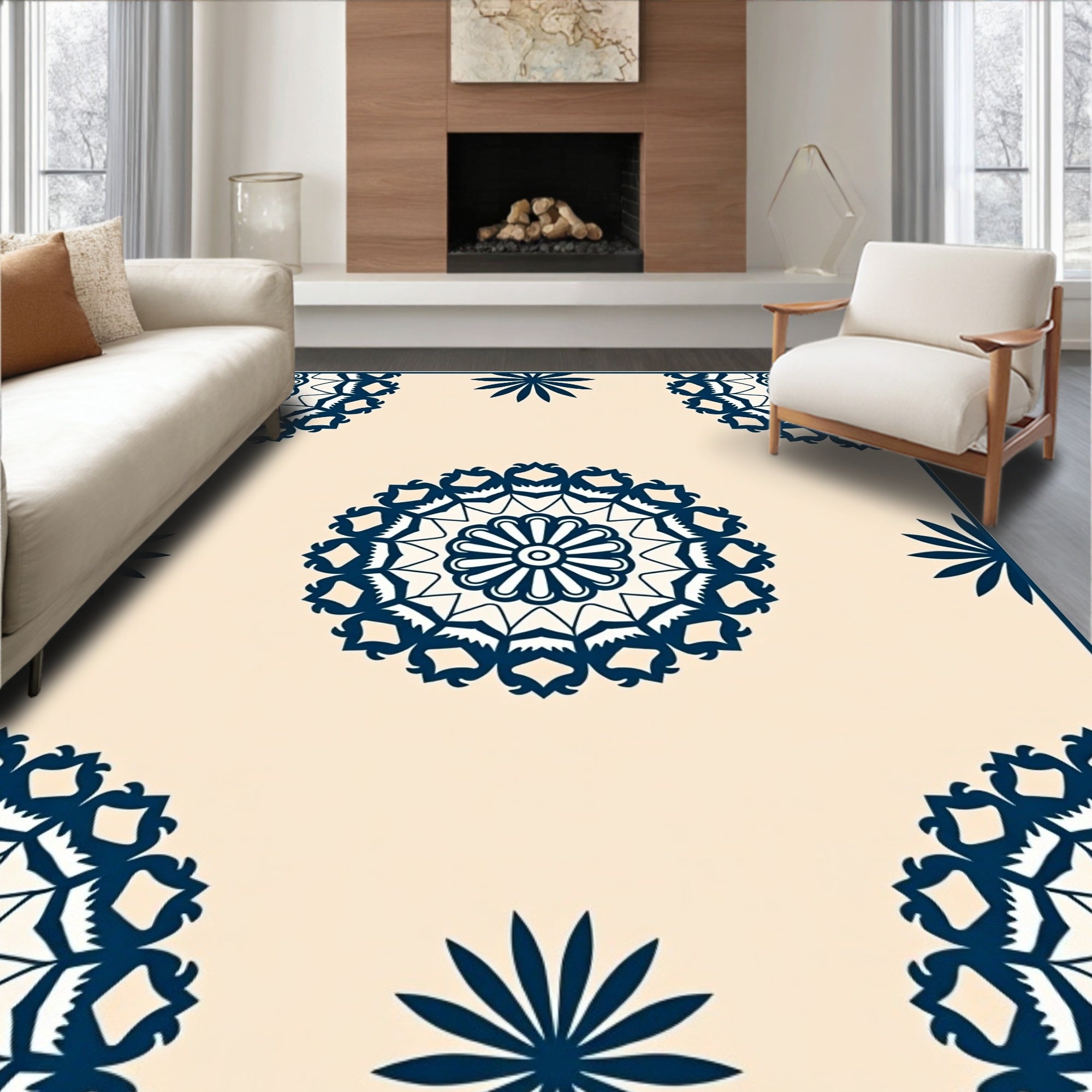 Navy Blue Medallion Cream Background Rug